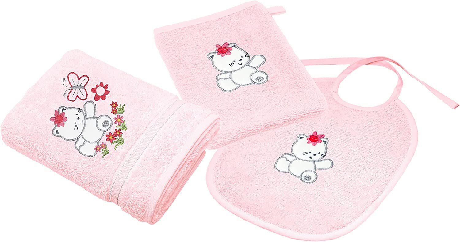 Neugeborenen-Geschenkset Besticktes 3-tlg) Katze Set Handtücher Lashuma für rosa Mädchen (Set,