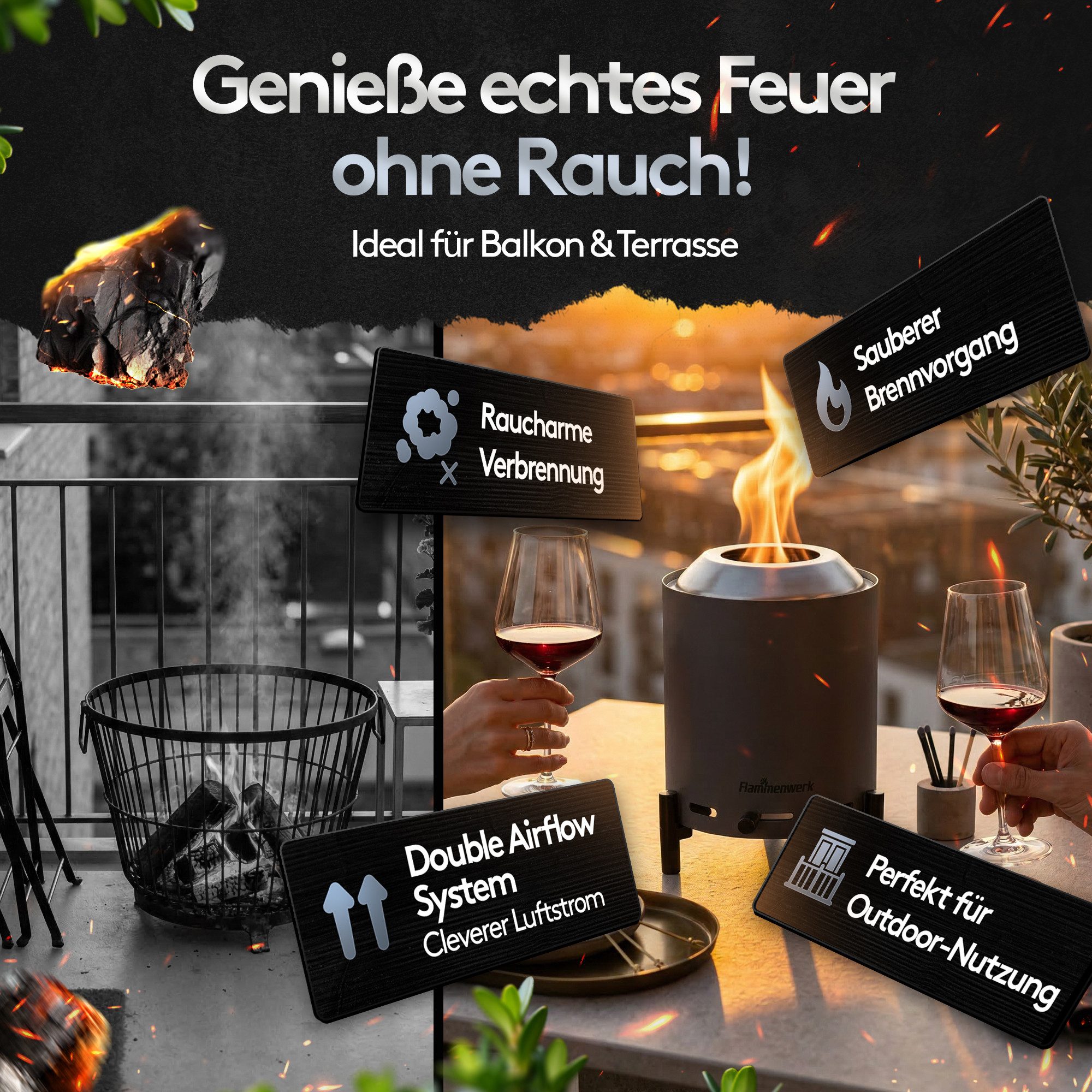 Flammenwerk Tischfeuer Ø16,5 cm für Pellets & Holz mit regelbarer Flamme und Tragetasche (Perfekt für Balkon, Terrasse & Camping, 1-St), Outdoor Flammenfeuer