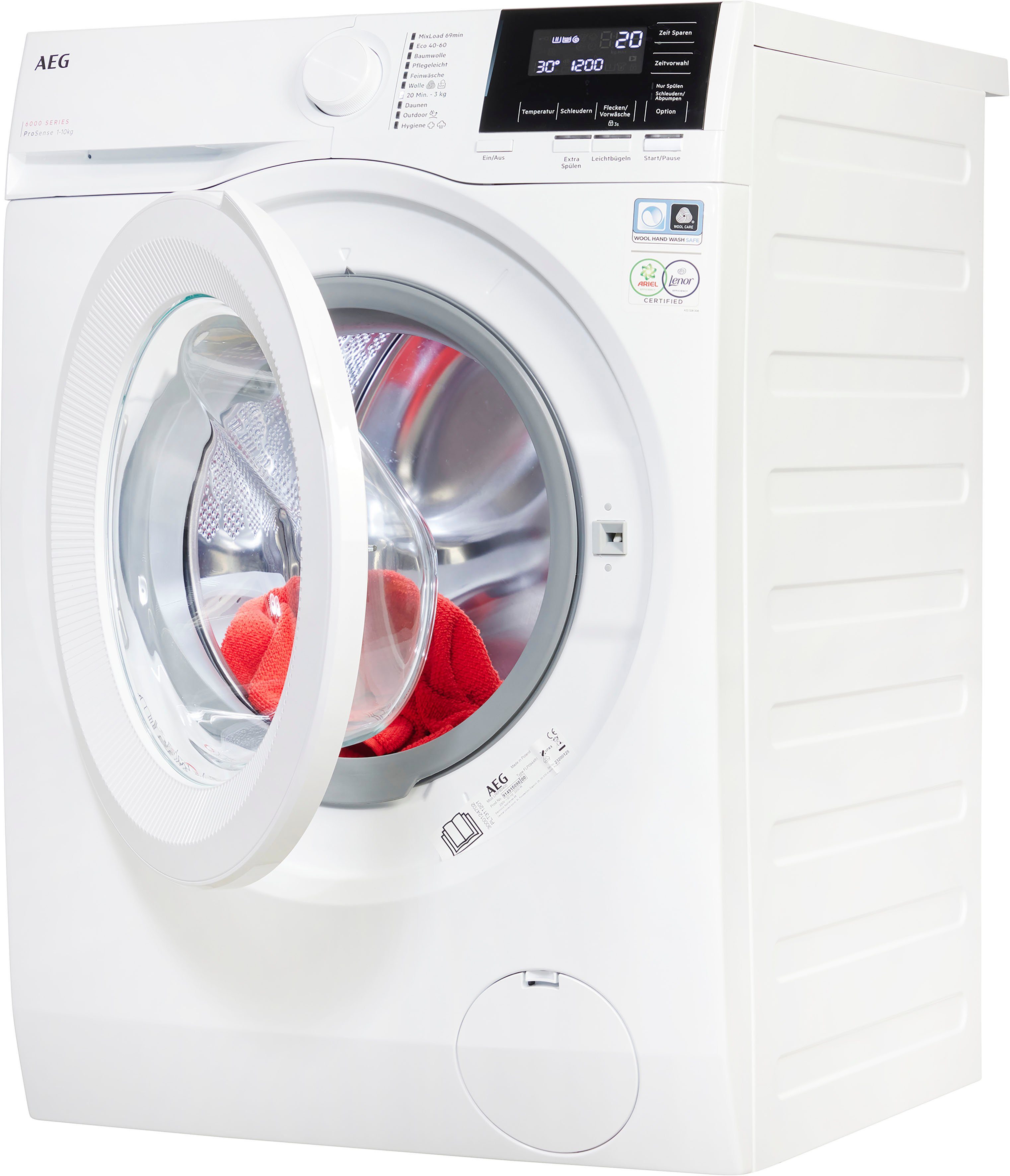 LR6F60400, AEG ProSense® 6000 U/min, bis und Mengenautomatik​ Zeit, Wasser 40% 10 spart - kg, 1400 Energie Waschmaschine