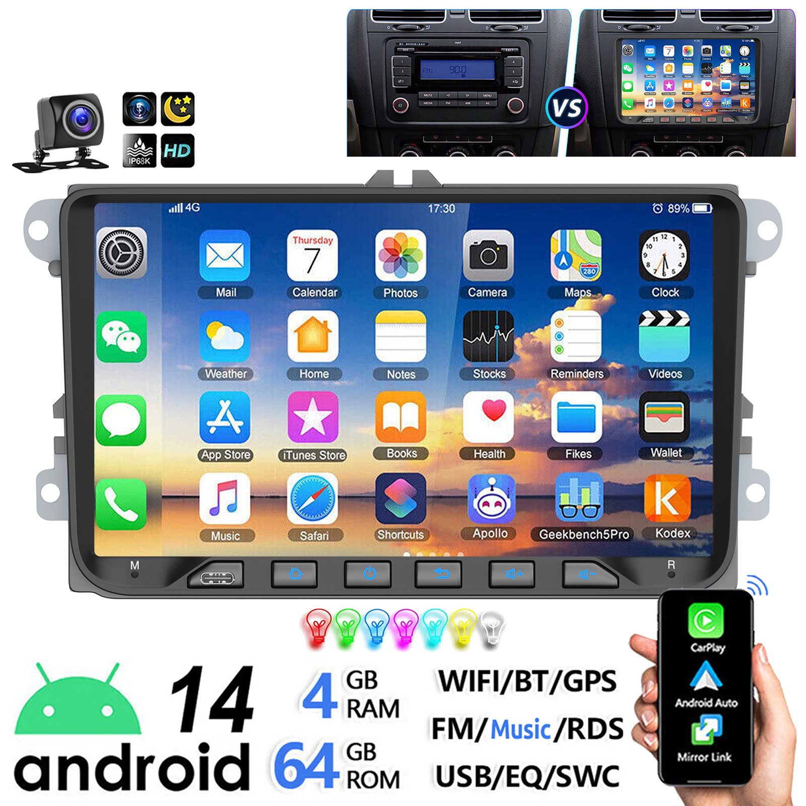 ESSGOO 9" Android 14 64G Für VW GOLF 5 6 Touran Tiguan Polo Passat Caddy EOS Autoradio (DAB+ (optional), FM, RDS, Carplay Android Auto GPS Navi Touchscreen Bluetooth FM RDS WIFI USB)