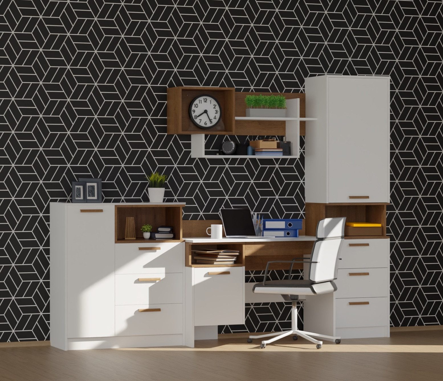 Marmex Möbel Jugendzimmer-Set Grant SET 02 Kommode Schreibtisch Wandregal Standregal weiß, (4-tlg), Vollauszug der Schubladen, Scharniere Soft Close