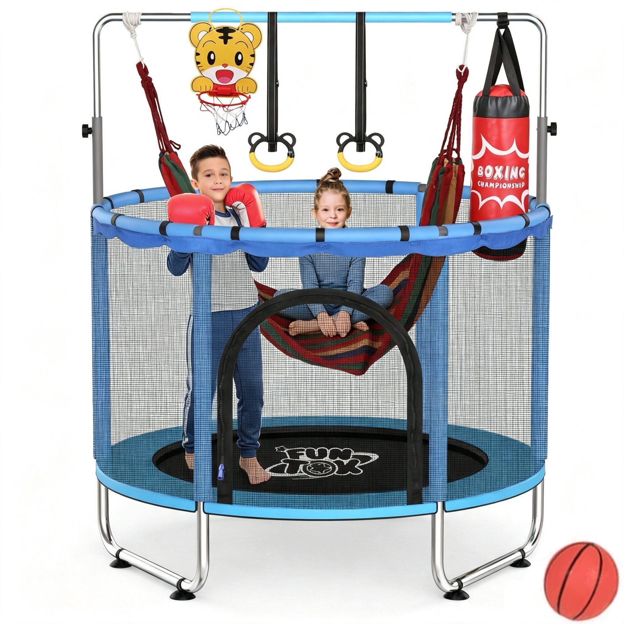 Insma Kindertrampolin Jumpingtrampolin Indoor Trampolin, Ø 140 cm, mit Sicherheitsnetz, Schaukel,Basketballkorb,Ring, Sandsack bis 200kg