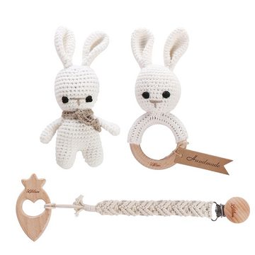 Lililove Geschenkset Neugeborenen-Geschenkset Buddy Bunny Giftset, white, 3-teilig (Geschenkset, Rassel set, Giftset, Geburtsgeschenkset, Geschenkset Baby, New born Erstsusstattung) Geschenkset 3-teilig, Bio-Baumwolle, nachhaltig, von Hand gehäkelt