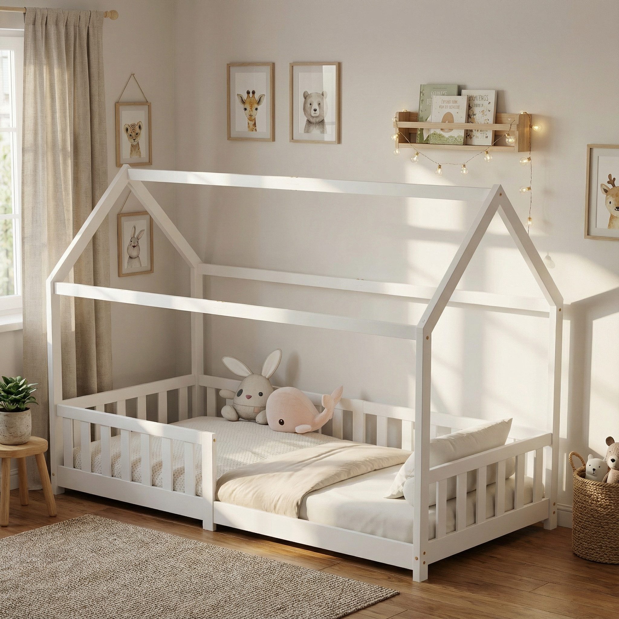 ecoMI Kinderbett Hausbett, Rausfallschutz, Lattenrost, 90x200 & 80x160, Weiß & Natur, Hausbett, Rausfallschutz, Lattenrost, 90x200 & 80x160, Weiß & Natur