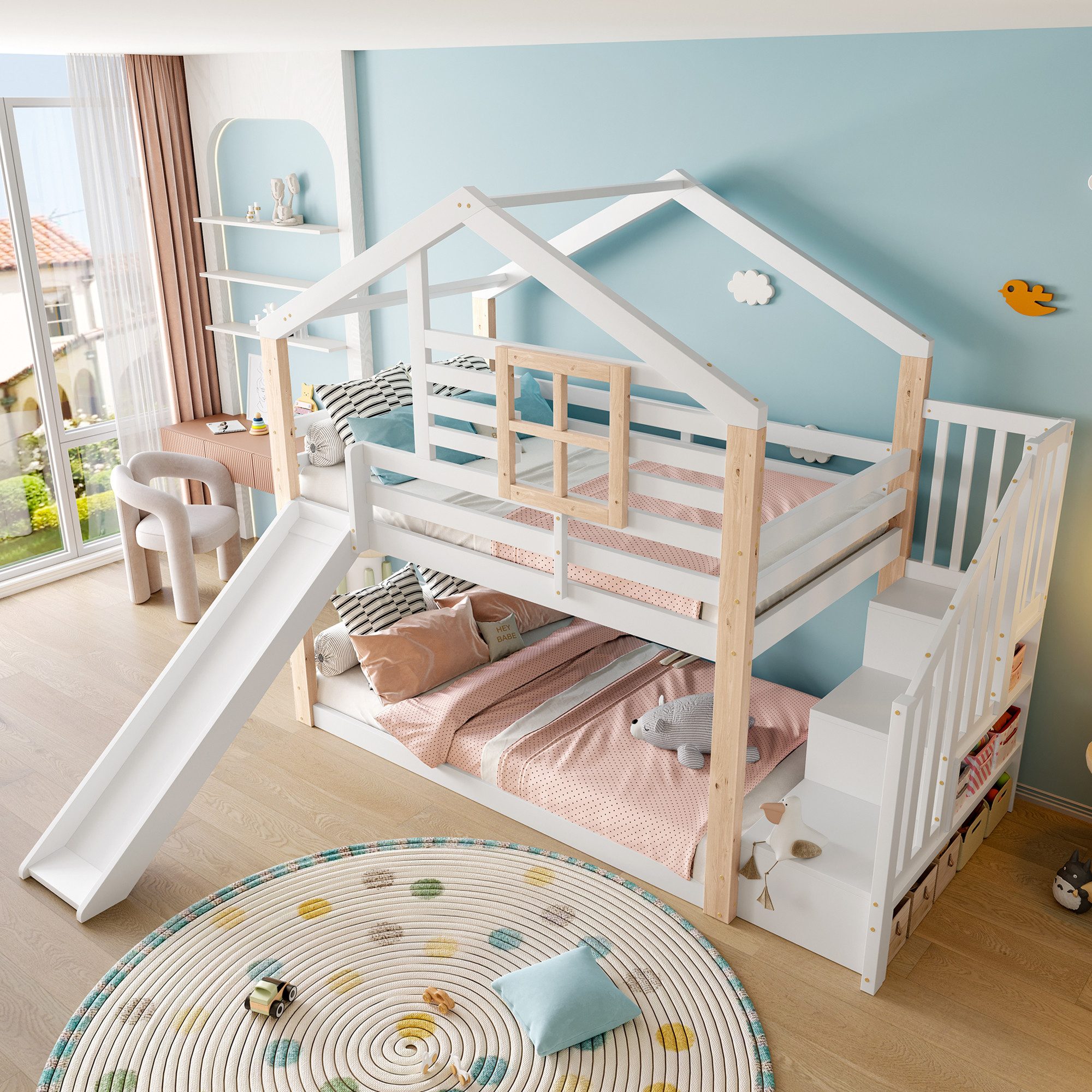 HAUSS SPOLE Etagenbett 90x200 mit Rutsche,Kinderbett Stockbett mit Geländer und Haus-Design (mit Rutsche & Treppe, Massivholz, skandinavisches Design, mit Stauraum, 90x200 cm), ohne Matratze