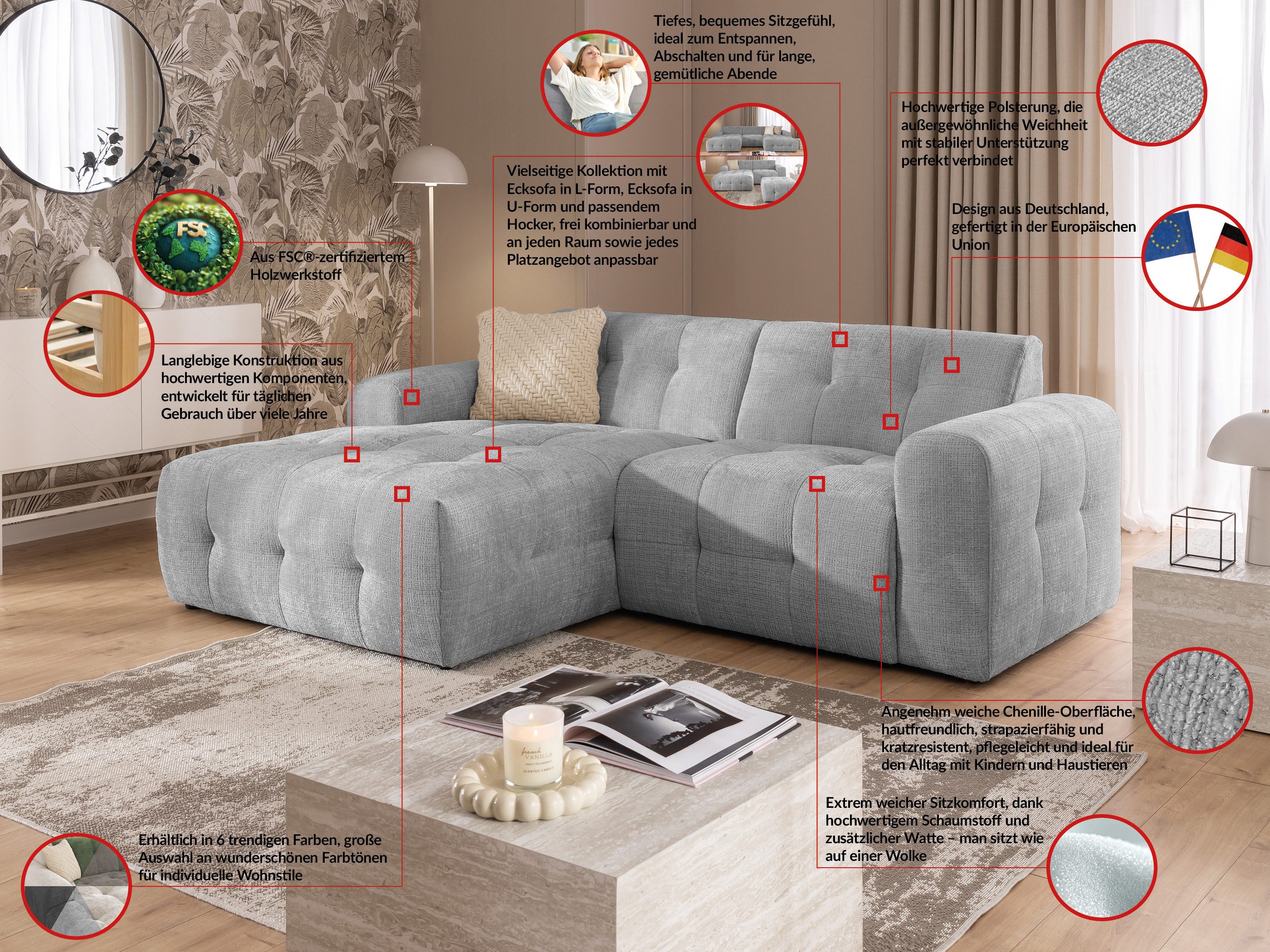 S-Style Möbel Ecksofa und Hocker Kozy Bumpy Design mit Schlaffunktion & fester Rückenlehne, aus weichem Chenille-Stoff, mit Wellenfederung