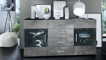 Vladon Sideboard Bari (Kommode mit 2 Türen, 4 Schubladen und 2 flexible Glaseinlegeböden), Schwarz matt/Beton Dunkel Optik (139 x 72 x 35)