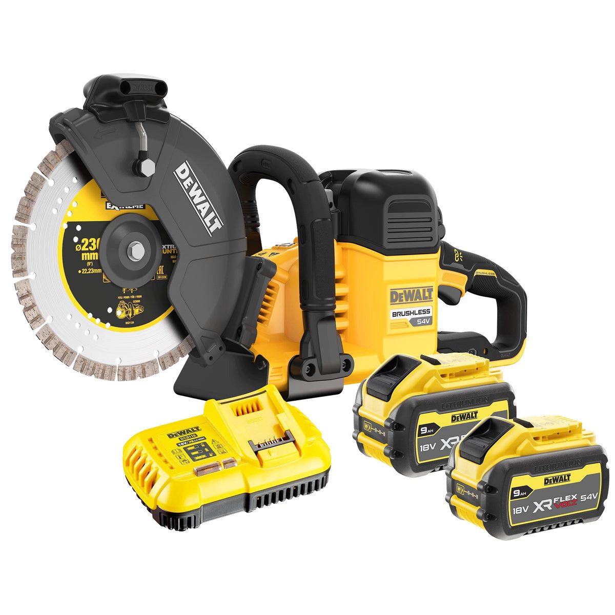 DeWalt Trennschleifer Akku-Trennschleifer für Stahl und Beton 54V 230mm mit 2 Akkus