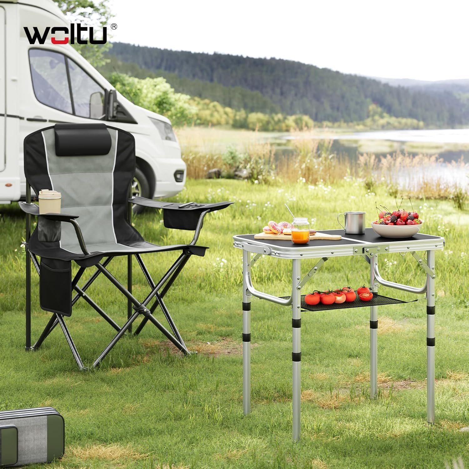 Woltu Klapptisch, höhenverstellbar 25/36/50/60 cm, Campingtisch 60x40cm Tischplatte