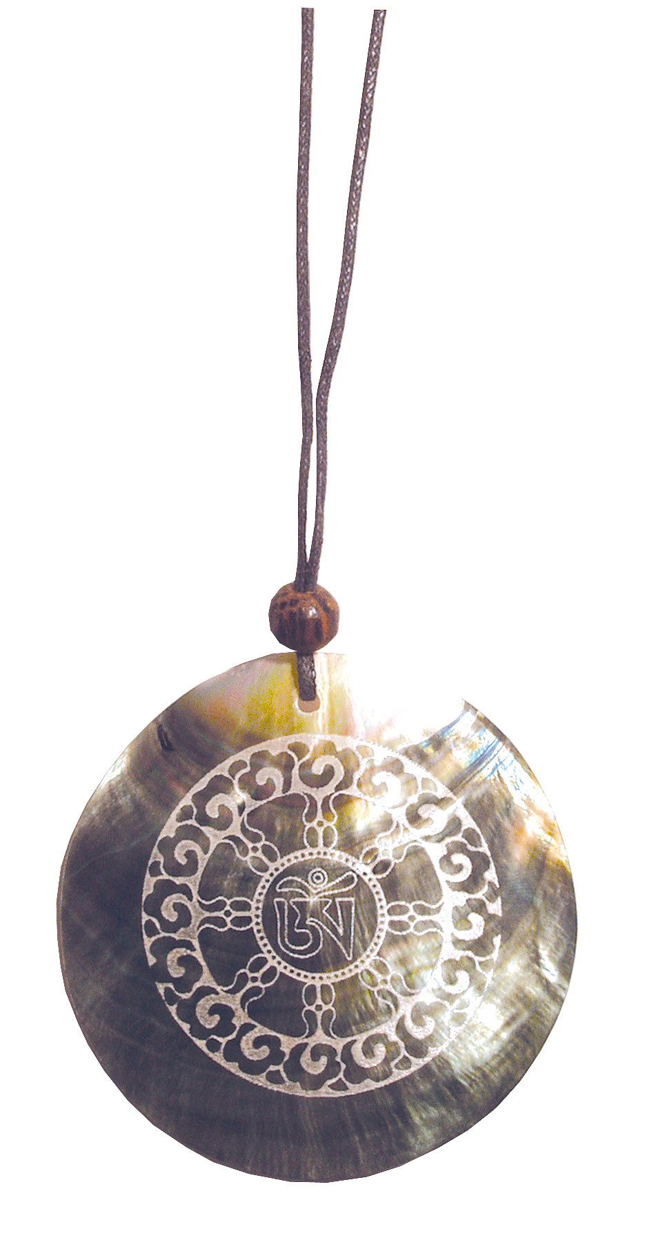 Saraswati Kette mit Anhänger Muschelschmuck mit Gravur "Dharma Chakra" 6cm