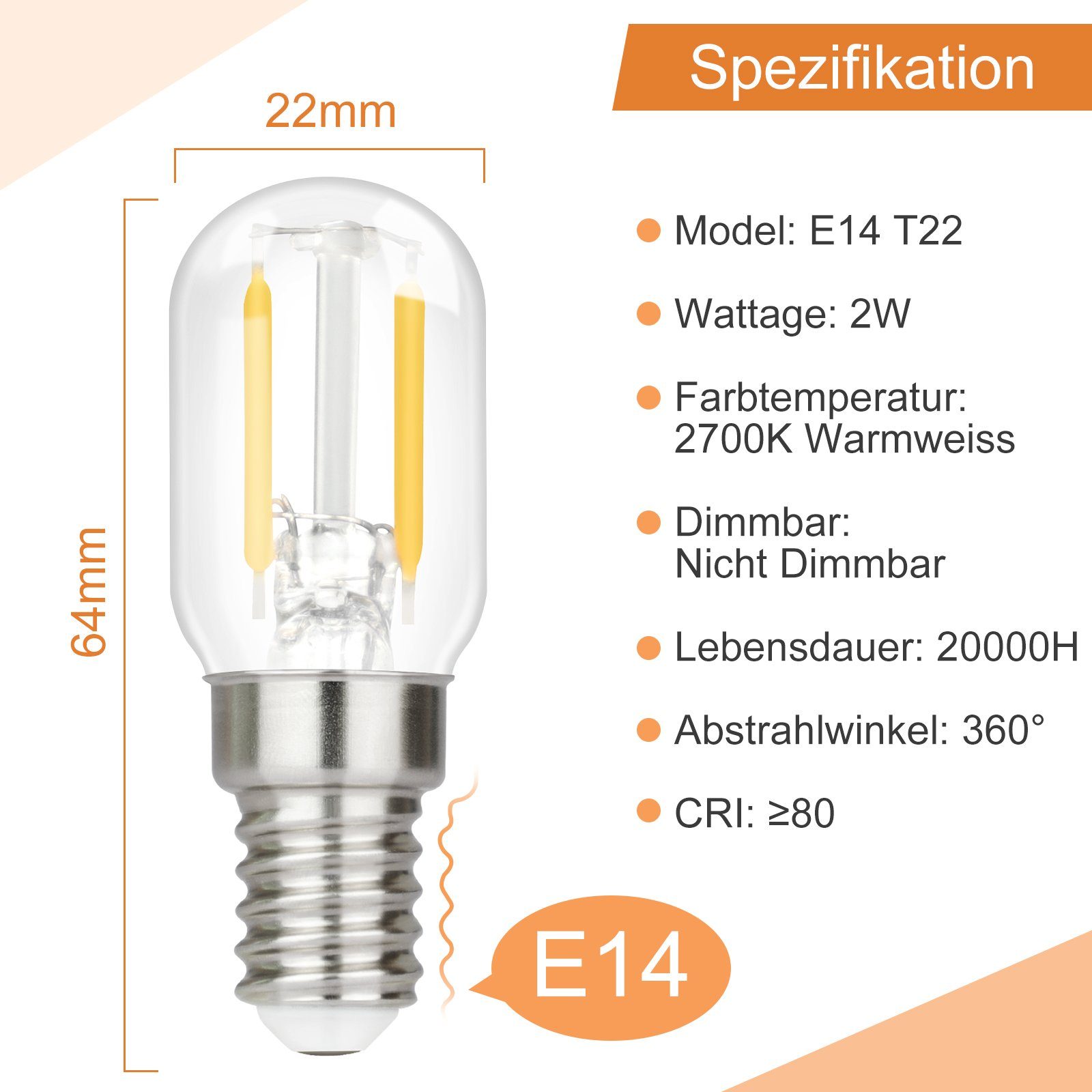 ZMH LED-Leuchtmittel E14 LED - LED St., Flur, T22 für Dimmbar Vintage Leuchtmittel 2 Glühbirnen Warmweiß, Nicht