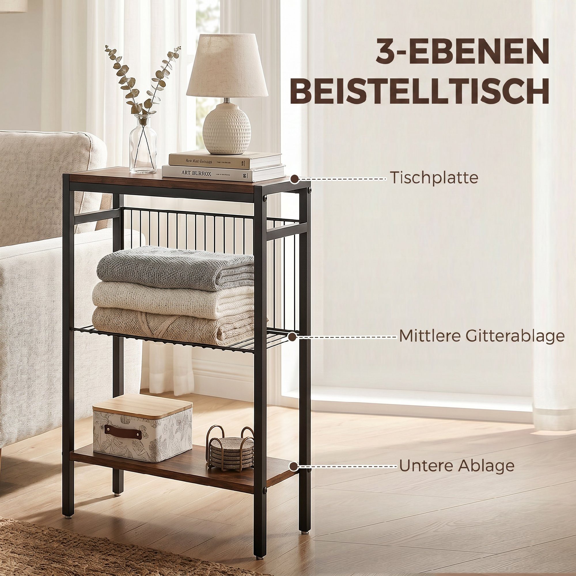 HOMCOM Beistelltisch kleiner Couchtisch Sofatisch mit Ablagen (Packung, 1-St., 1 Tisch), Stilvolles Design, drei Ablagen, kompakt, verstellbare Füße – Bild 4 von 5