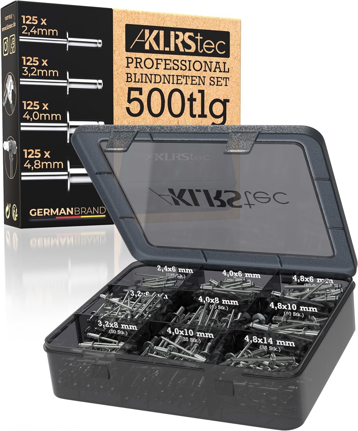 KLRStec Blindniete Set [500tlg.] Aluminium/Stahl Popnieten Set für Заклепкиzangen, (500 St), 125 Stk. jeder Размер (2,4mm, 3,2mm, 4,0mm und 4,8mm)