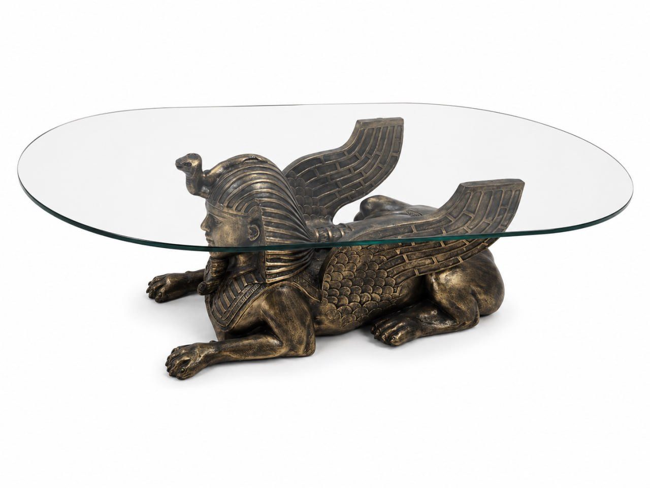 JVmoebel Couchtisch Egyptischer Sphinx Tisch aus Glas und Metall, elegantes Design Sofort, Antikes Design, Hochwertige Verarbeitung, Stabilität
