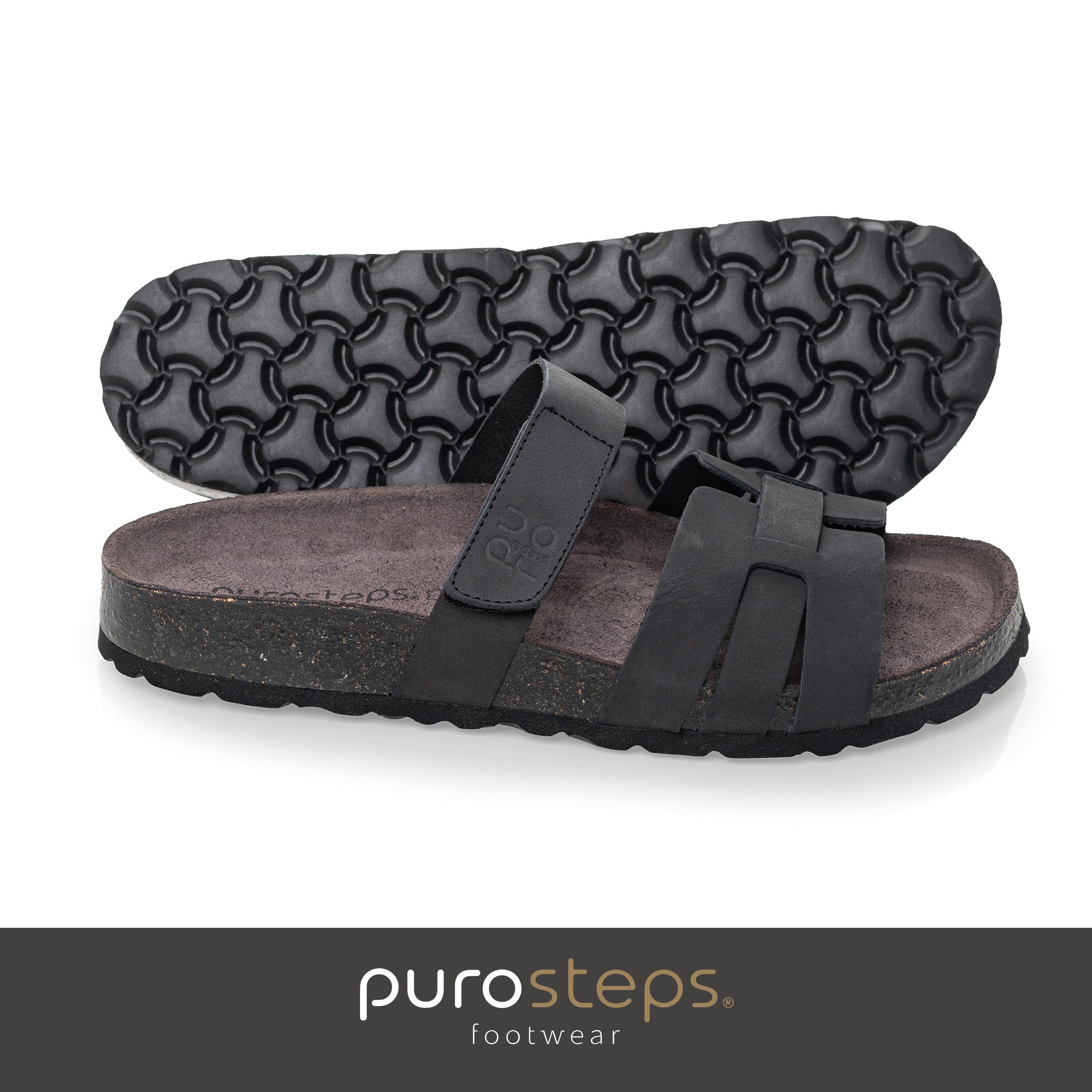 purosteps Huelva-Eco 19895-schwarz Sandale Echtes Leder, Natur Materialien, Komfortables Fußbett, Made in Spain