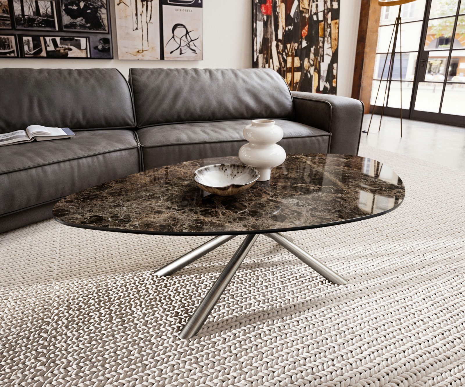 DELIFE Couchtisch Edge, Organisch 140x76 cm, Dunkelbraun | Silberfarben, Gr. Gerade Kante Organisch