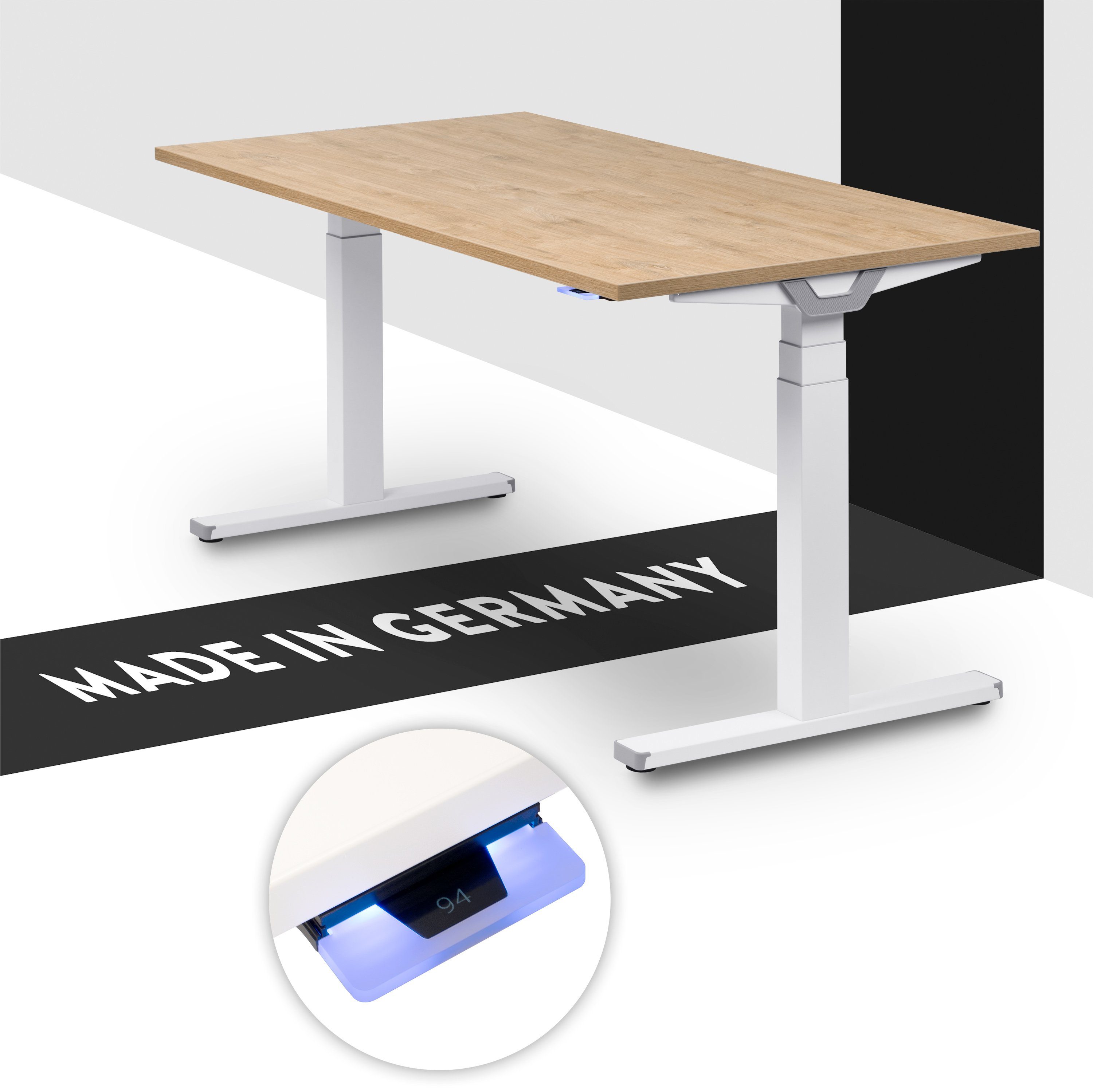 boho office® Schreibtisch Premium Line, Weiß elektrisch höhenverstellbar, Tischplatte Wildeiche 120 x 80 cm Weiß | Wildeiche (Melamin)