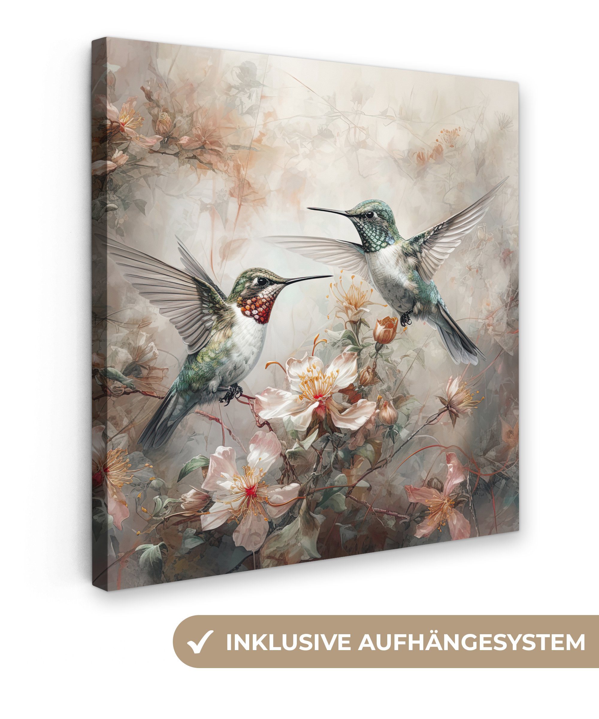 OneMillionCanvasses® Leinwandbild Kolibri - Vögel - Blumen - Pflanzen, (1 St), Leinwand Bilder für Wohnzimmer Schlafzimmer, 20x20 cm