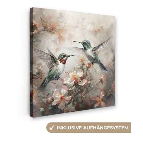 OneMillionCanvasses® Leinwandbild Kolibri - Vögel - Blumen - Pflanzen, (1 St), Wandbild, Deko Schlafzimmer Wohnzimmer 20x20 cm