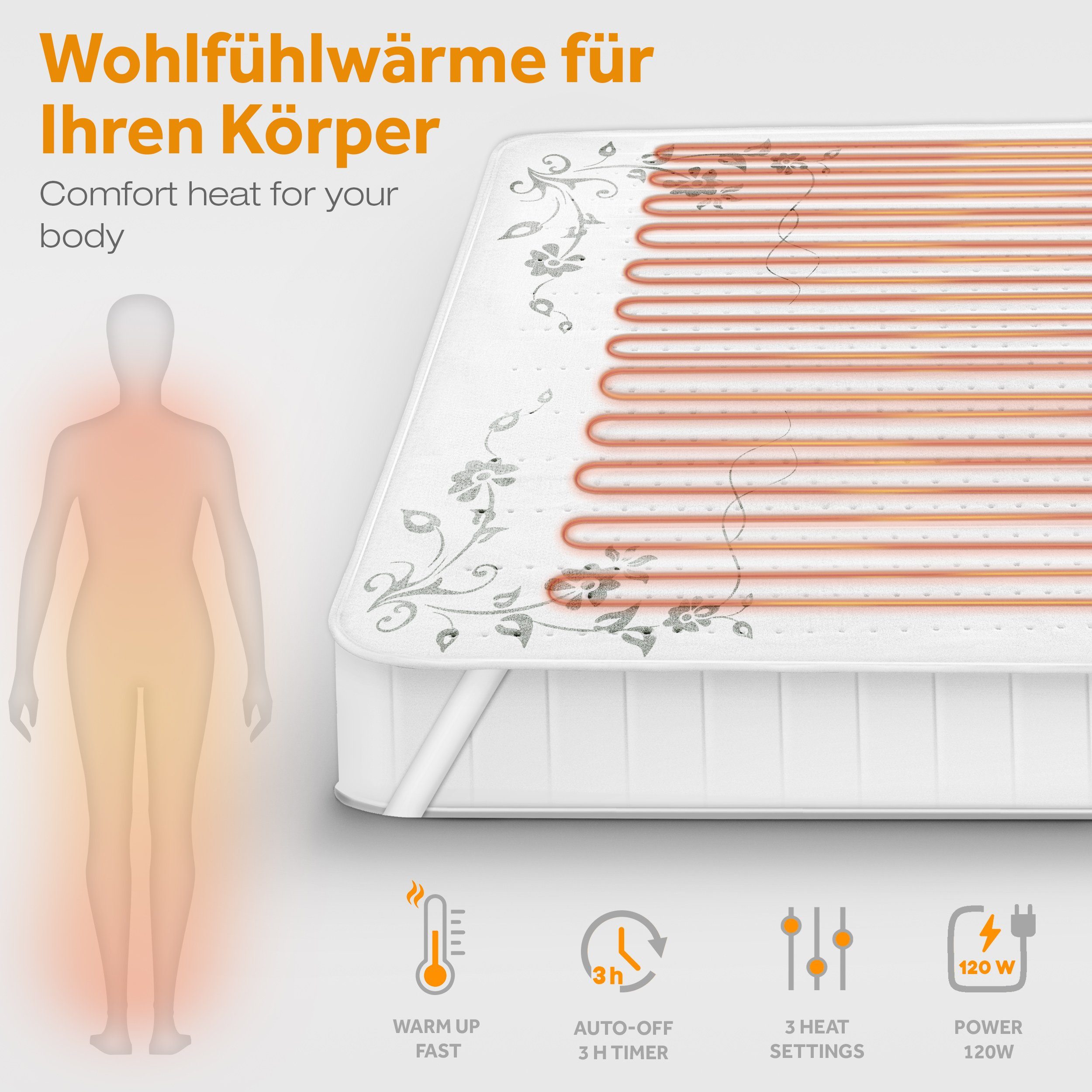 sinnlein Elektrofußwärmer Wärmeunterbett elektrisch Heizdecke Abschaltautomatik, 2 Temperaturzonen, 3 Temperaturstufen