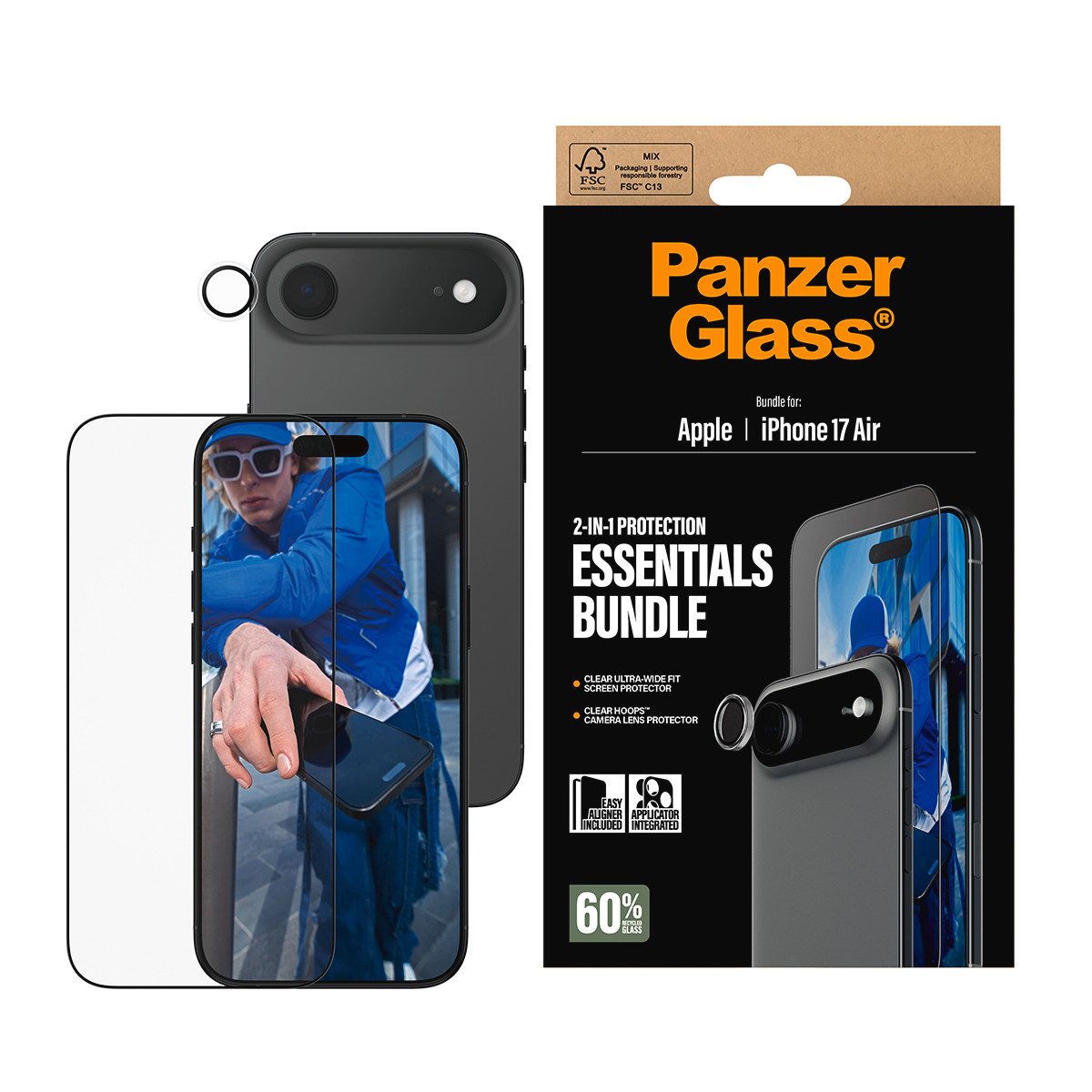 CARE by PanzerGlass Displayschutzglas 2-in-1 Protection Essentials Bundle für Apple iPhone Air, Displayschutzfolie, Schutzfolie, Bildschirmschutz, kratz- & stoßfest