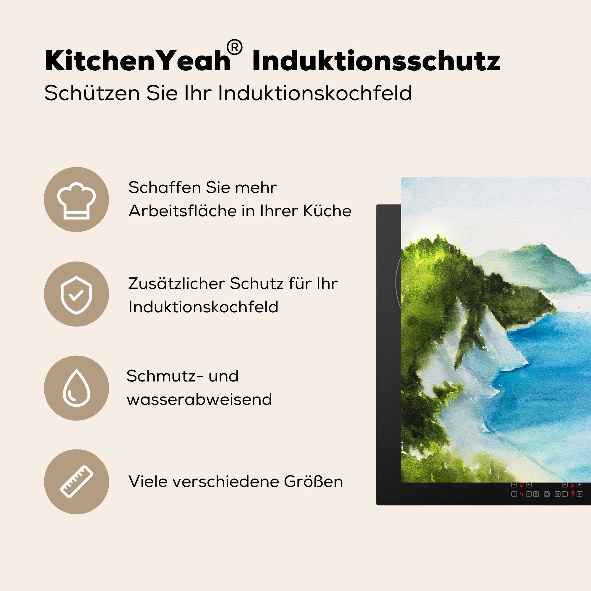 MuchoWow Herdblende-/Abdeckplatte Meer - Berg Arbeitsplatte Vinyl, küche Ceranfeldabdeckung, 78x78 für Aquarell, tlg), (1 - cm