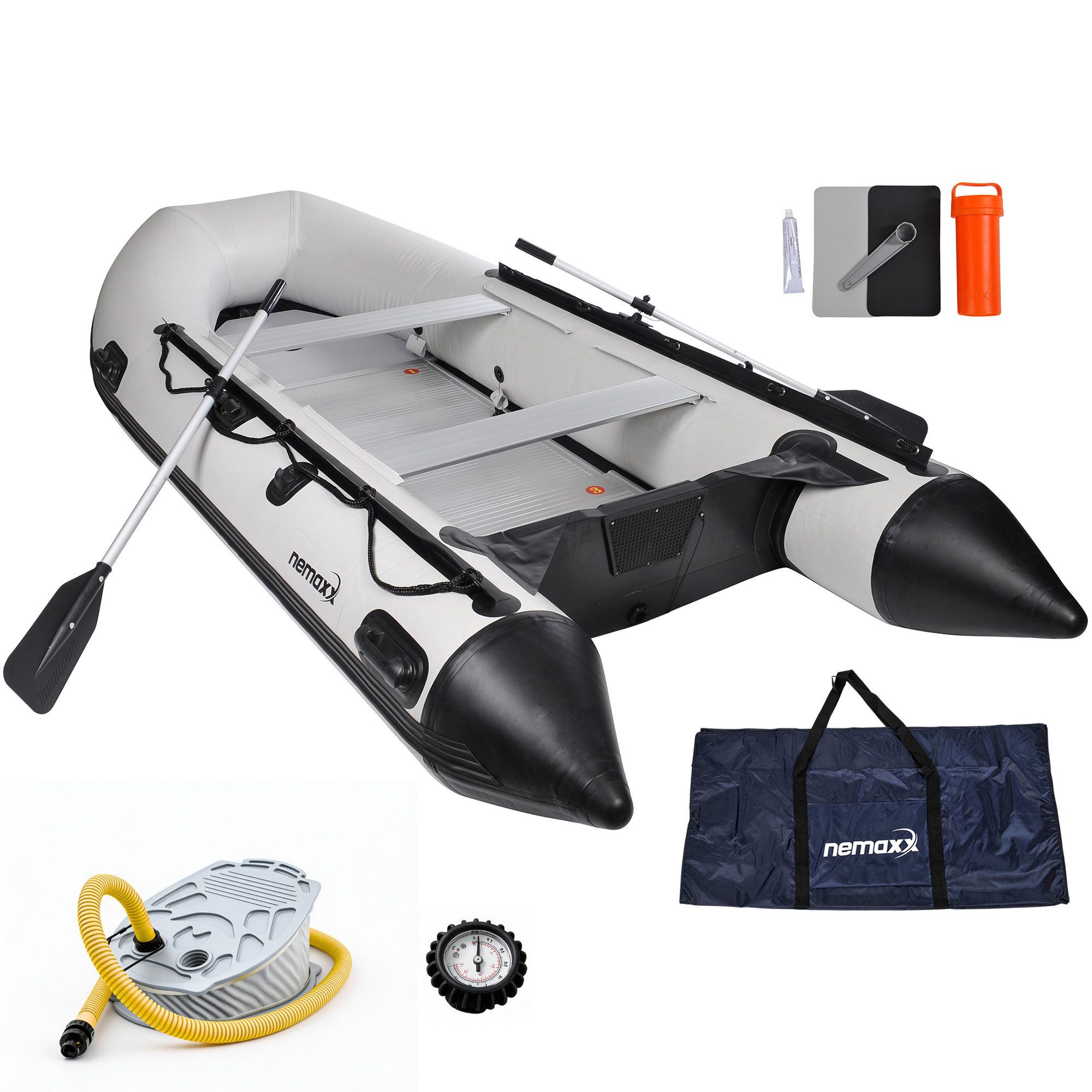 NEMAXX Schlauchboot 330 cm für 5 Personen Paddel-, Angel- & Ruderboot–505 kg–11 kW / 15 PS, (inkl. 2 Paddel,Fußpumpe,Manometer,Tasche & Reparaturset–Aluminiumboden), Tragegriffe, Halteleine, Heckspiegel, Paddelhalter, 3 + 1 Luftkammern