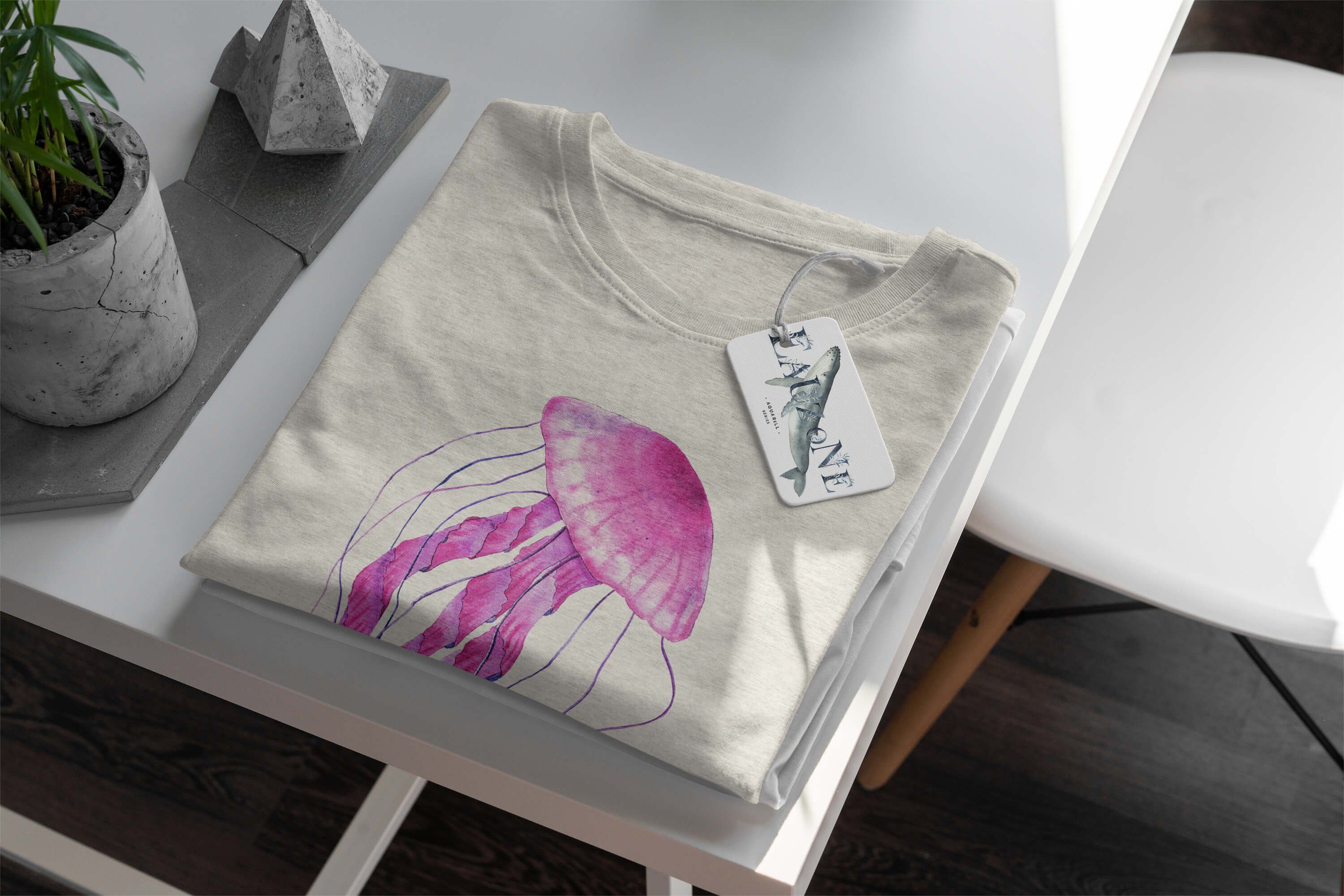 Sinus Ökomode Bio-Baumwolle Art Motiv 100% gekämmte Wasserfarben Nachhaltig e T-Shirt Herren T-Shirt aus (1-tlg) Shirt Qualle