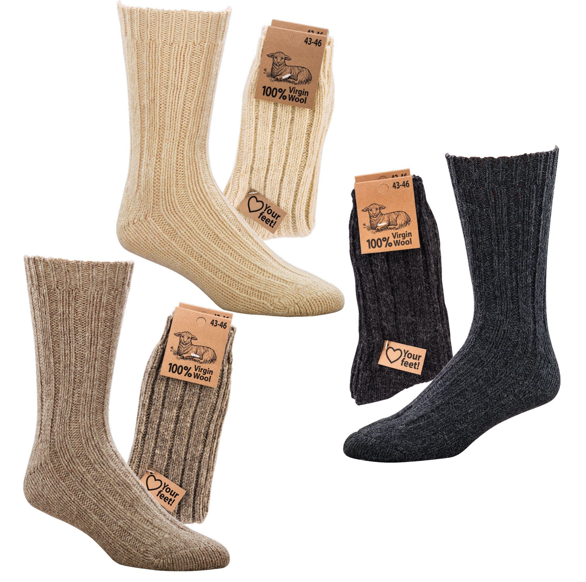 Socks 4 Fun Wowerat Socken Warme Wollsocken 100% "Virgin Wool" Grobstrick Schafwolle (2 Paar) braun