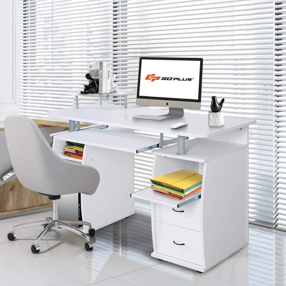 KOMFOTTEU Computertisch Schreibtisch, mit Weiß Tastaturauszug, 120x55x76cm