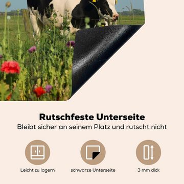 MuchoWow Herdblende-/Abdeckplatte Kuh - Blumen - Gras - Tiere, Vinyl, (1 tlg), 71x52 cm, Induktionskochfeld Schutz für die küche, Ceranfeldabdeckung