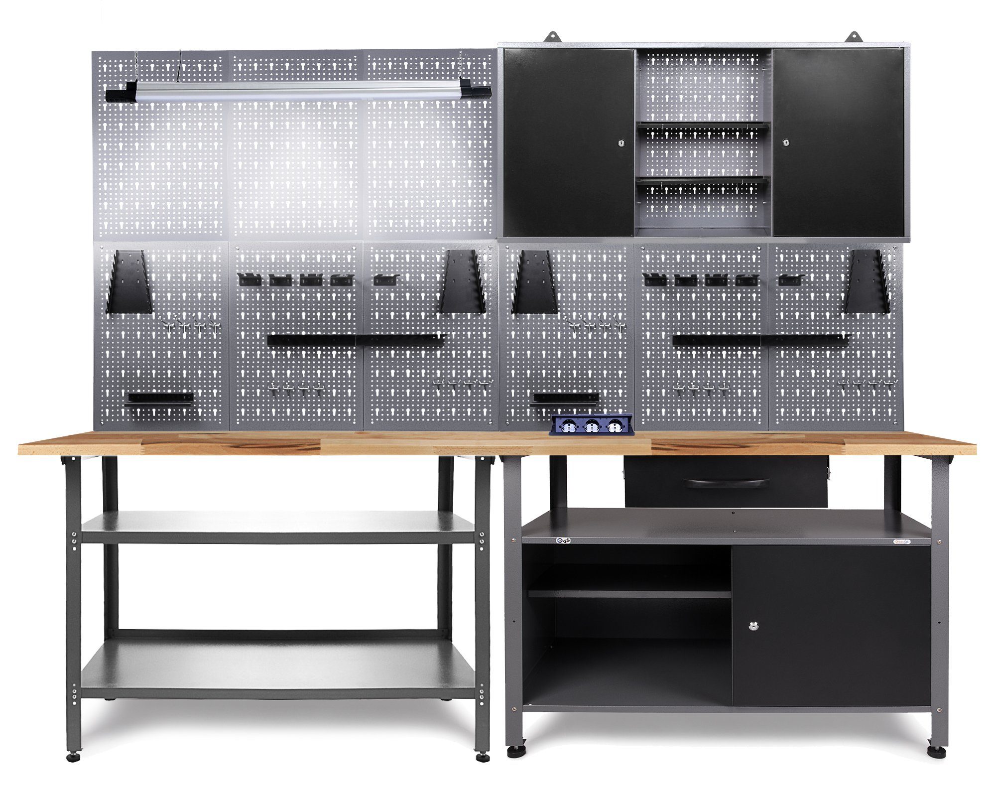 ONDIS24 Werkstatt-Set Werkstatteinrichtung 240cm mit LED und Bluetooth Lautsprechern, inkl. versenkbare Steckdosenleiste Werkbank Werkzeugschrank Lochwand