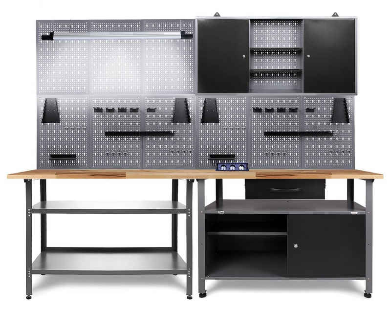 ONDIS24 Werkstatt-Set »Werkstatt Werkstatteinrichtung 240cm Komplettset mit LED und Bluetooth Lautsprechern, inkl. versenkbare Steckdosenleiste grau Werkbank Werkzeugschrank Lochwand«