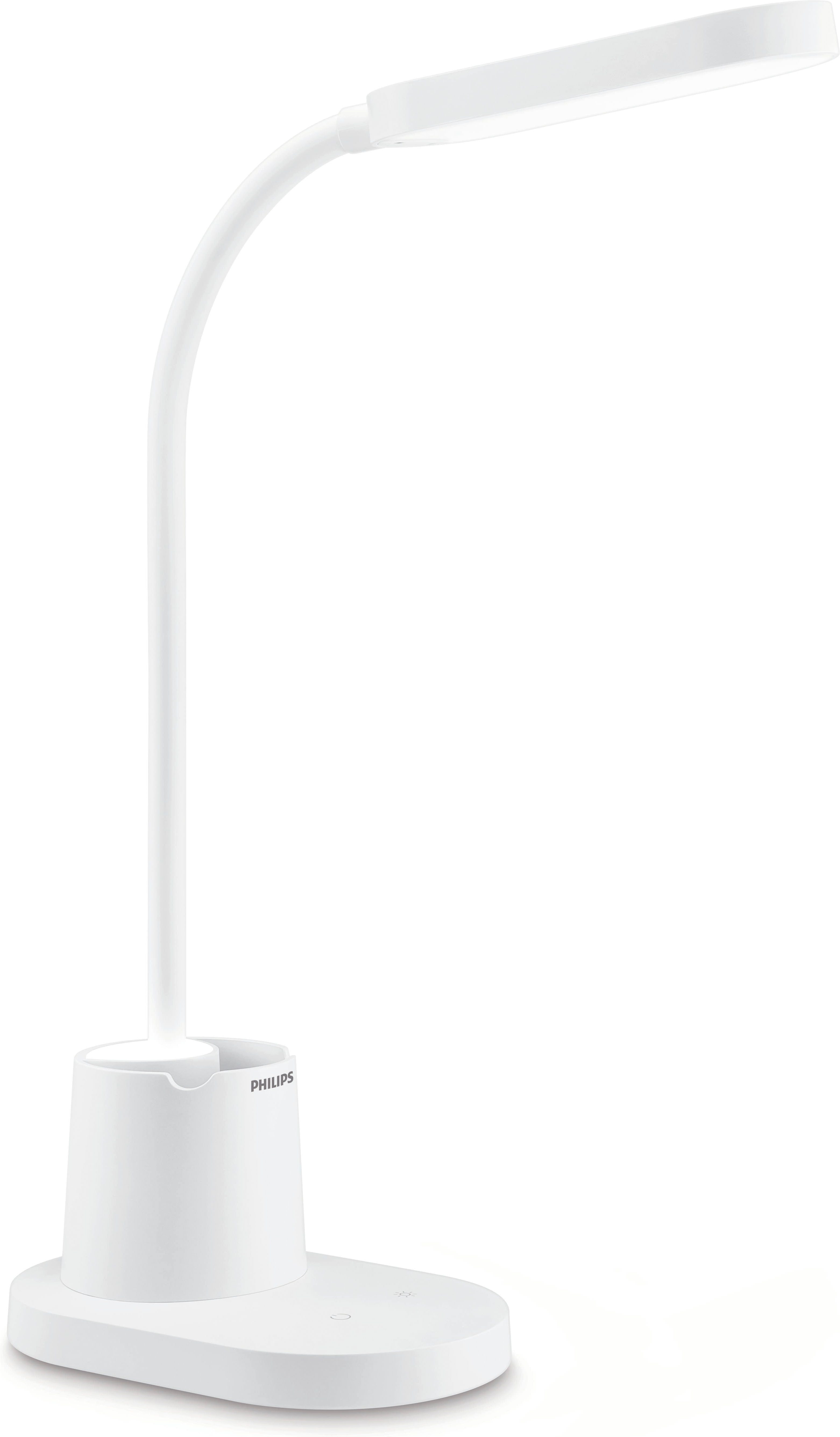 Philips LED Schreibtischlampe Bucket 7W, 3000-5700K, 200 Lumen, Akku, Touchdim, weiss, Dimmfunktion, USB-Ladefunktion, mehrere Helligkeitsstufen, LED fest integriert, warmweiß - kaltweiß