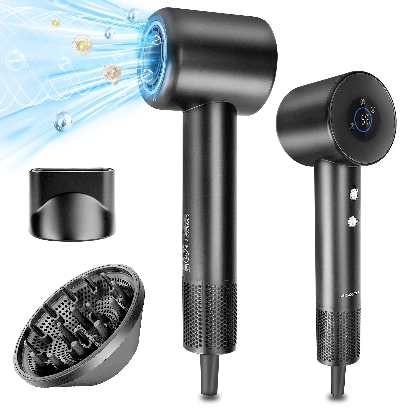 Aigostar Ionic-Haartrockner 110.000 U/min, 400 Millionen Negativ Ionen Föhn mit Diffusor, 1600 W, 110.000 U/min, Magnetischer Diffusor & Düse, Schnelltrocknung
