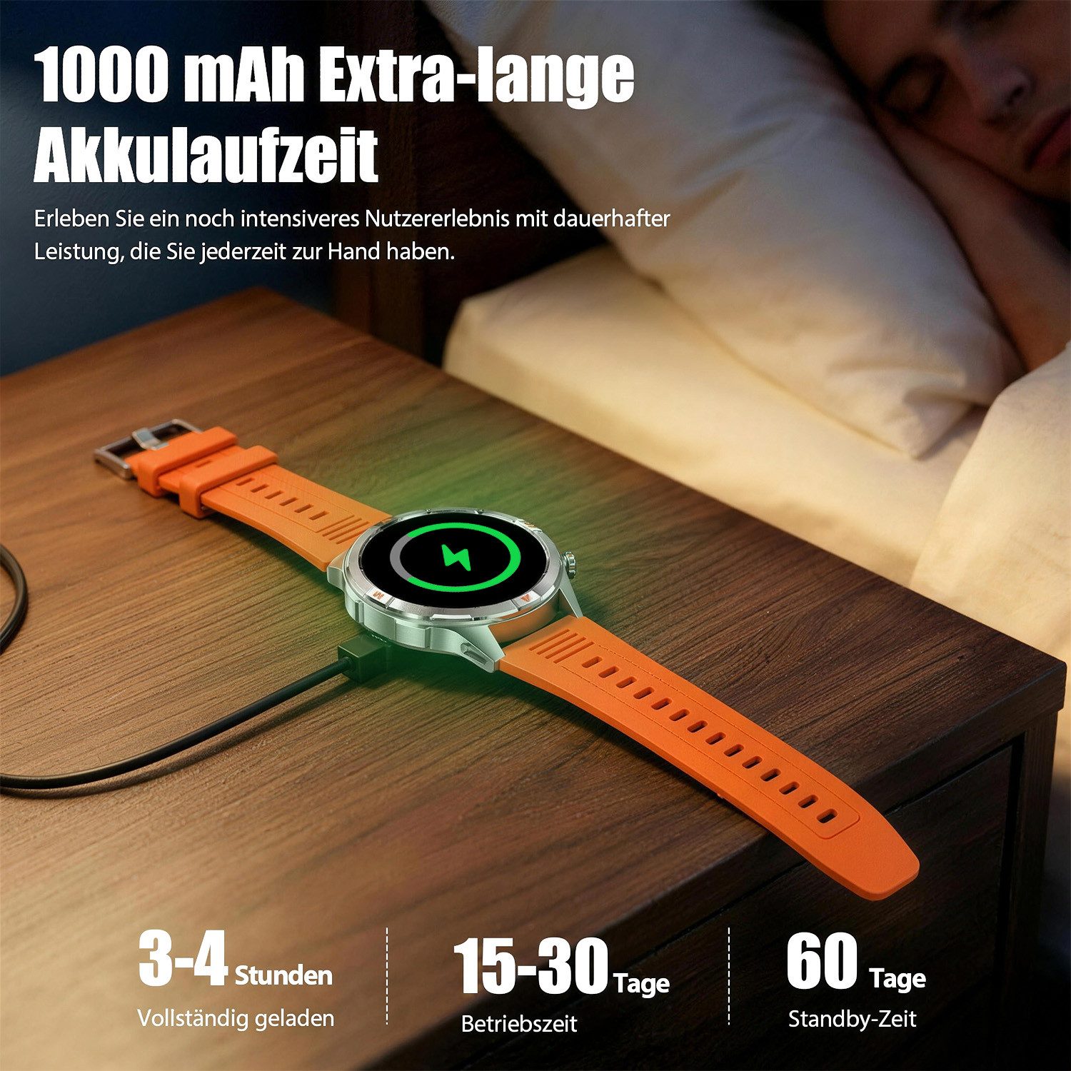 ANYSUN Militär Smartwatch Herren, Outdooruhr mit 1000mAh Smartwatch (1,7 Zoll) LED Taschenlampen, Bluetooth-Anrufe,Kompass,Puls-SpO2-Schlaf-Monitor, 100+ Sportmodi Fitness-Tracker,Schrittzähler IP68, für iOS Android