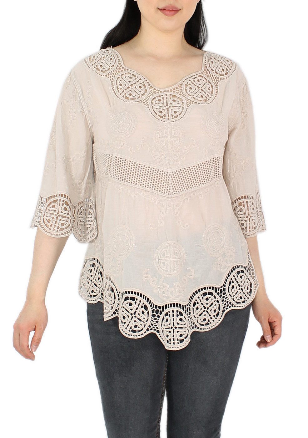 dy_mode Tunika Damen Tunika 3/4 Arm mit Spitze – Leichte Baumwoll Bluse für Sommer mit Häkel-Einsätzen - leicht transparent