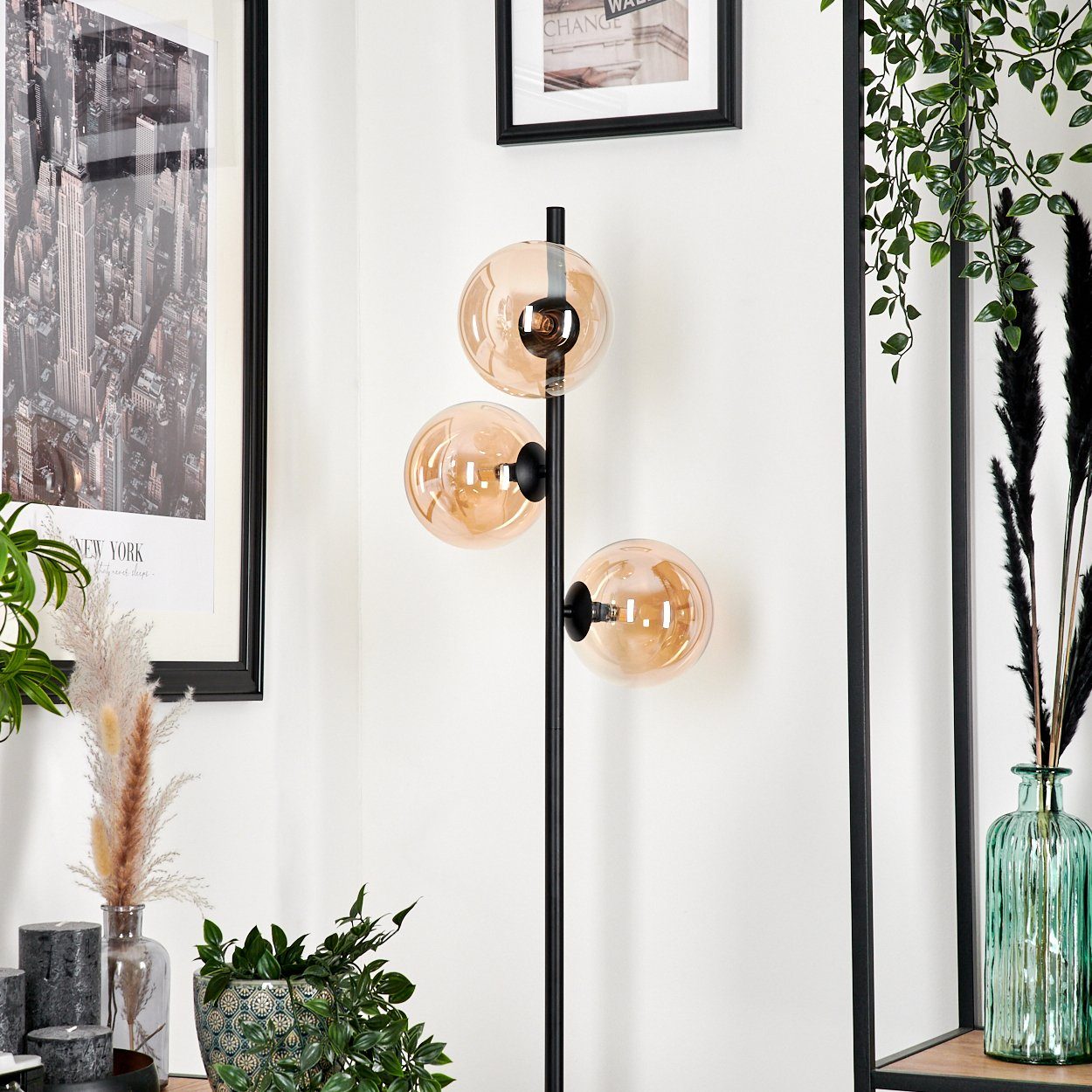 hofstein Stehlampe Stehlampe aus Metall/Glas in Schwarz/Bernsteinfarben, ohne Leuchtmittel, Standlampe im Retro-Design aus Glas, 3 x G9, ohne Leuchtmittel