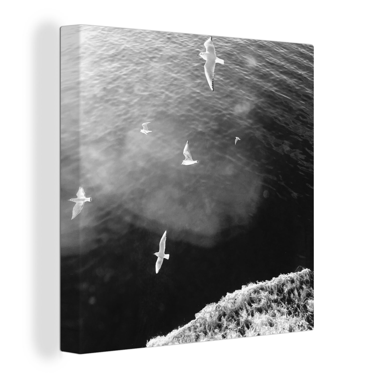 OneMillionCanvasses® Leinwandbild Wattenmeer - Schwarz - Weiß - Möwe, (1 St), Leinwand Bilder für Wohnzimmer Schlafzimmer | Leinwandbilder