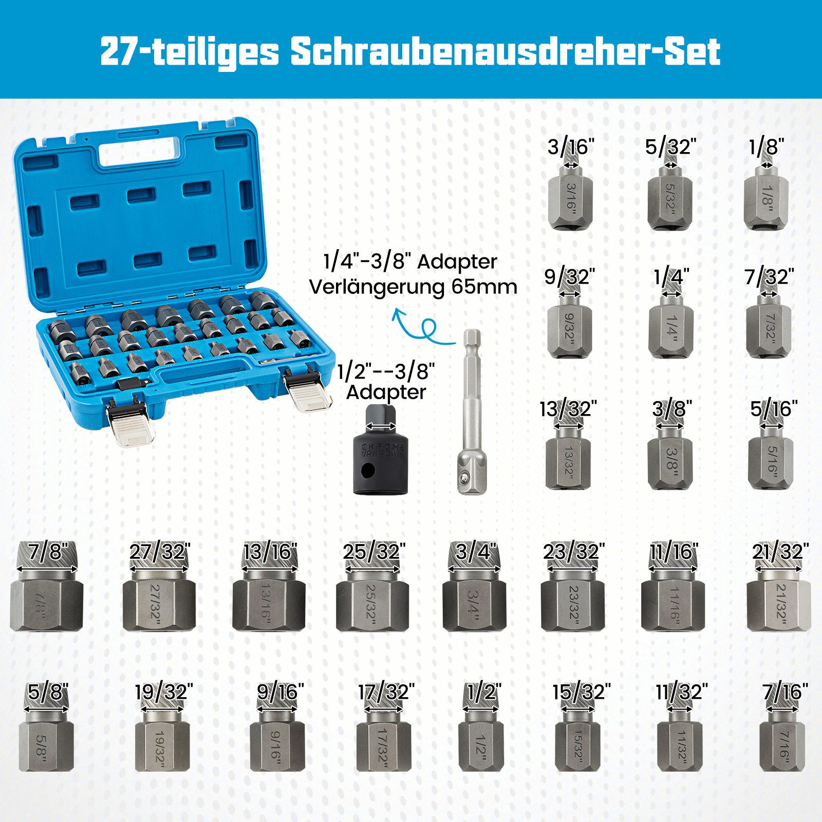 Thumbnail - COSTWAY Werkzeugset, (27-tlg), Schraubenausdreher Set mit 3/8-Zoll-Antrieb Blau