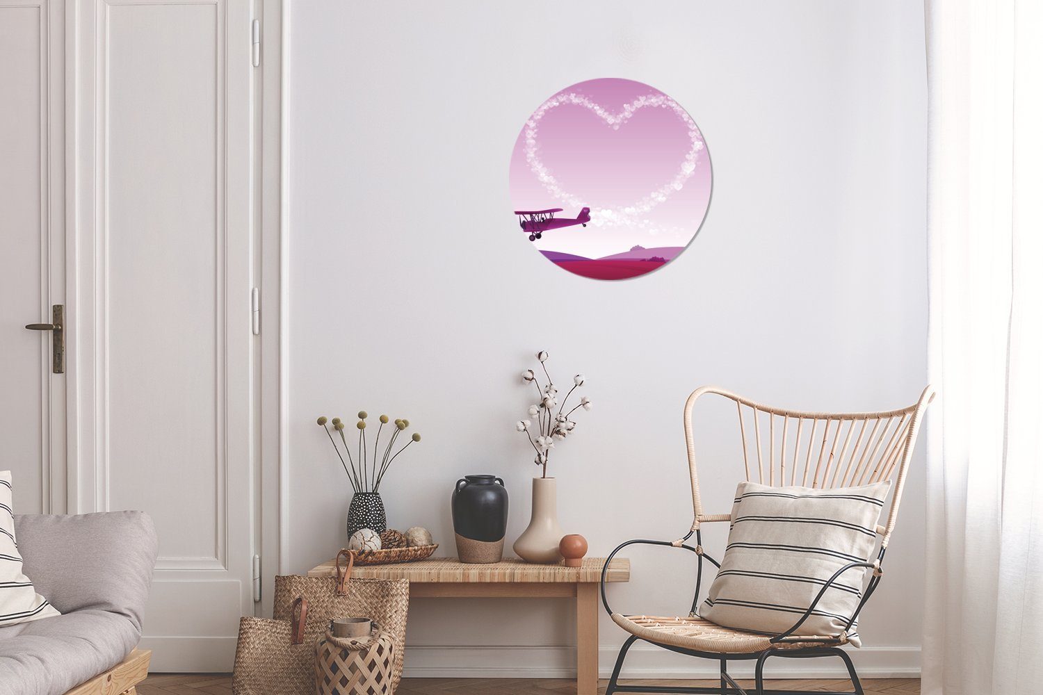 in Tapetenkreis Flugzeugs eines einem Rund, Wandsticker Illustration St), (1 Wohnzimmer für Tapetenaufkleber, Eine MuchoWow rosa Himmel Kinderzimmer,