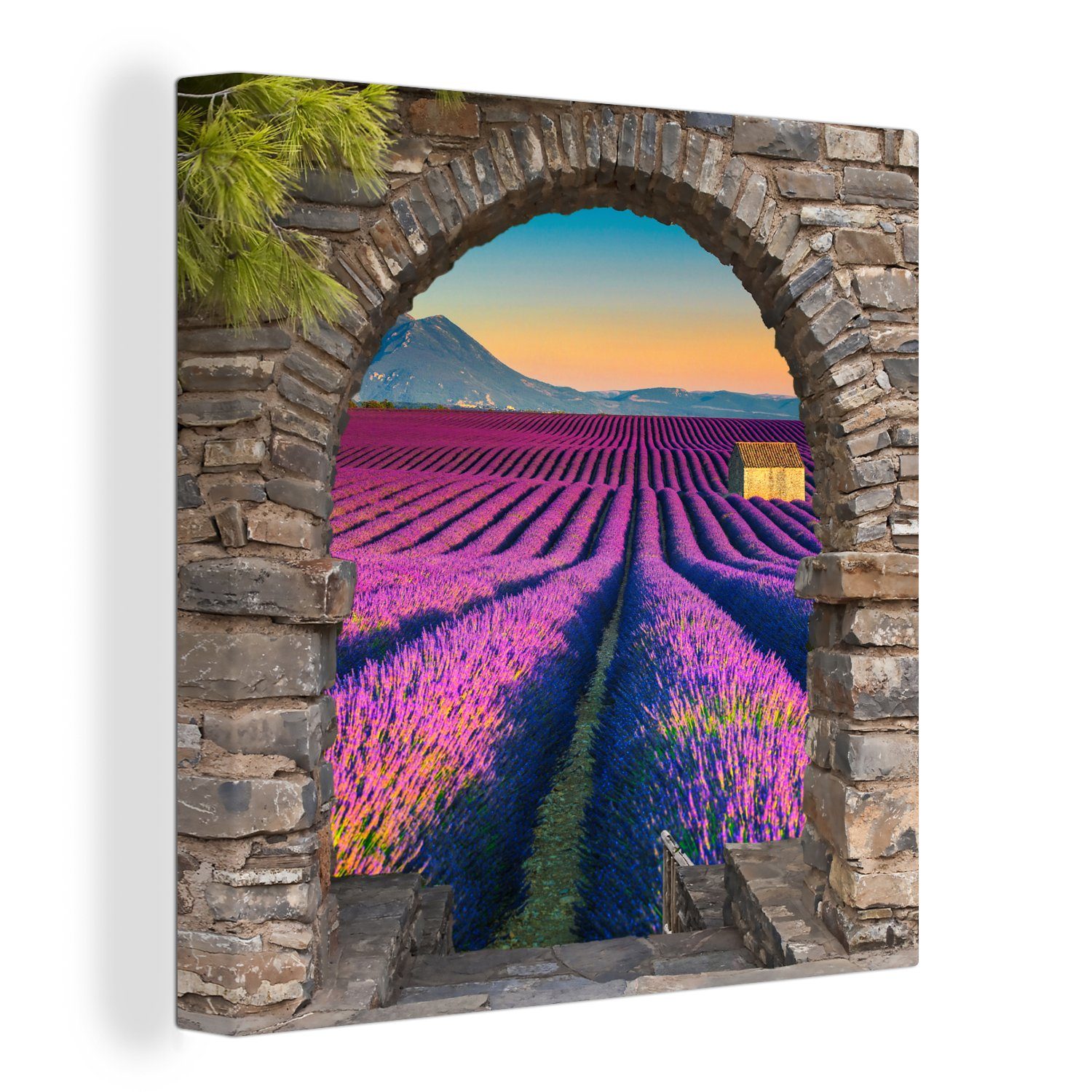 OneMillionCanvasses® Leinwandbild Lavendel - Abend - Ausblick - Blumen, (1 St), Leinwand Bilder für Wohnzimmer Schlafzimmer