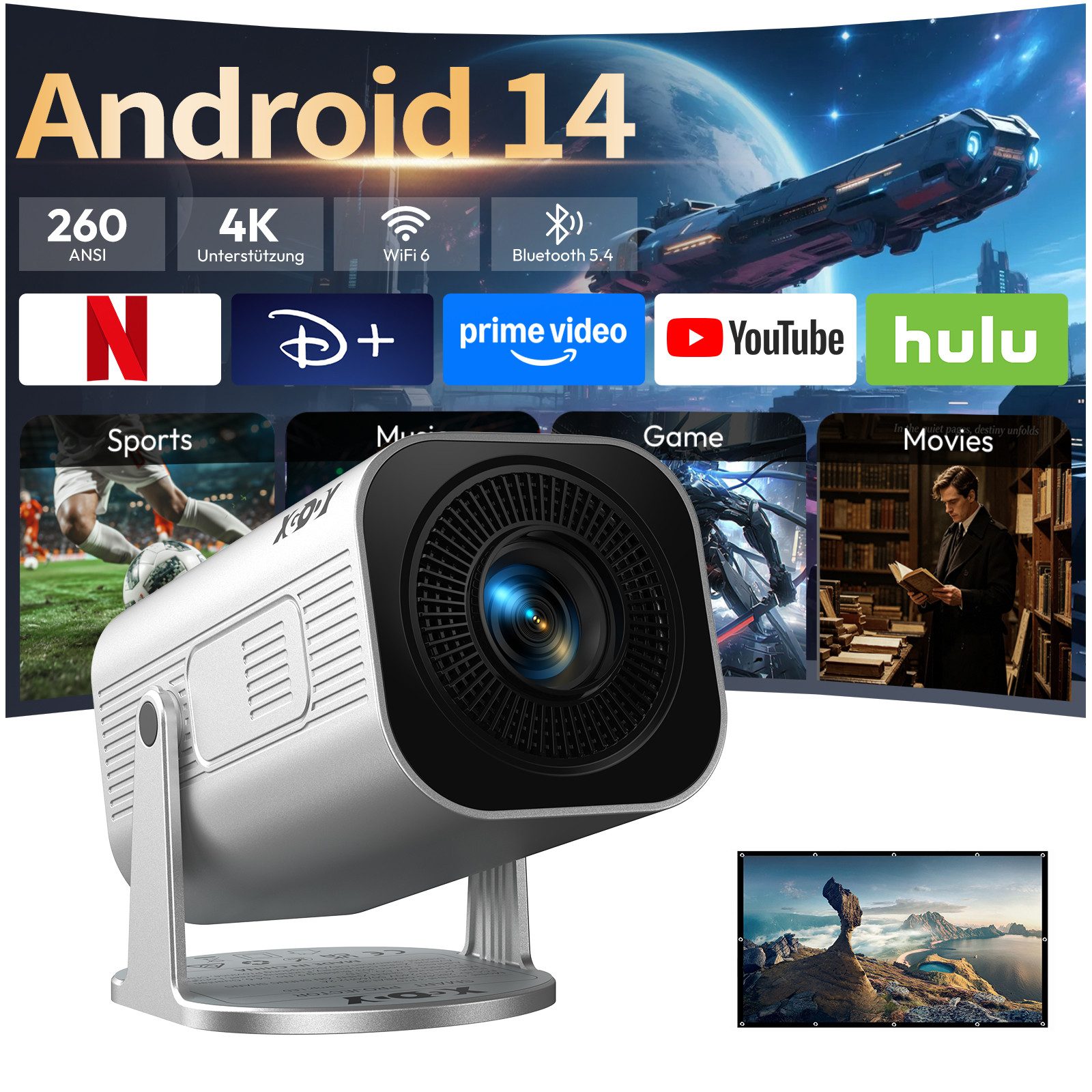 XGODY Android 14 Smart Projektor 2026 Upgrade beamer mit leinwand LCD-Beamer (260 lm, 2000:1, 3840 x 2160 px, 4K unterstützt, Auto Keystone Correction, 180° Drehbar, BT 5.4, WiFi 6)