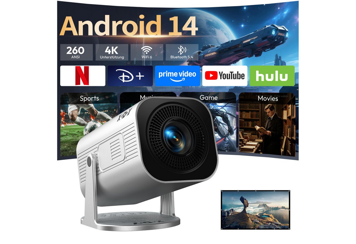 XGODY Android 14 Smart Projektor 2026 Upgrade beamer mit leinwand LCD-Beamer (260 lm, 2000:1, 3840 x 2160 px, 4K unterstützt, Auto Keystone Correction, 180° Drehbar, BT 5.4, WiFi 6)