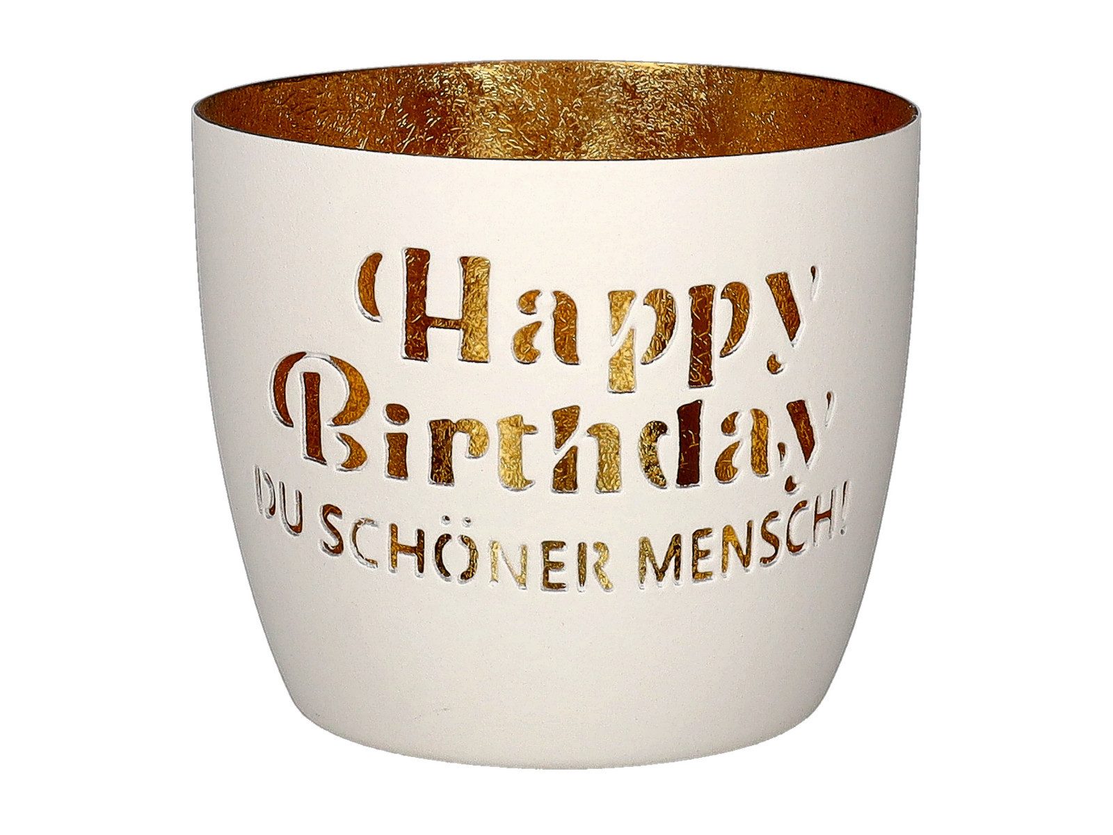 Giftcompany Windlicht Madras Windlicht M Happy Birthday Du schöner Mensch weiß/gold 8,5cm