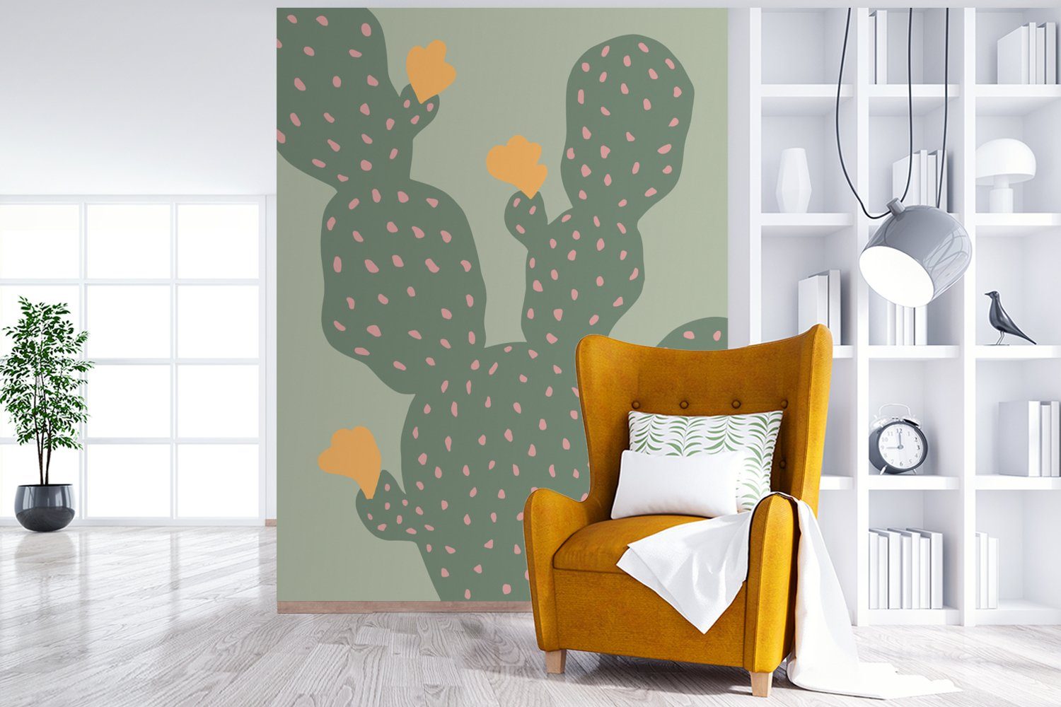 Kaktus MuchoWow Gelb, St), (4 Wandtapete - für Grün Natur - bedruckt, Montagefertig Wohnzimmer, - Vinyl Tapete Fototapete Matt,