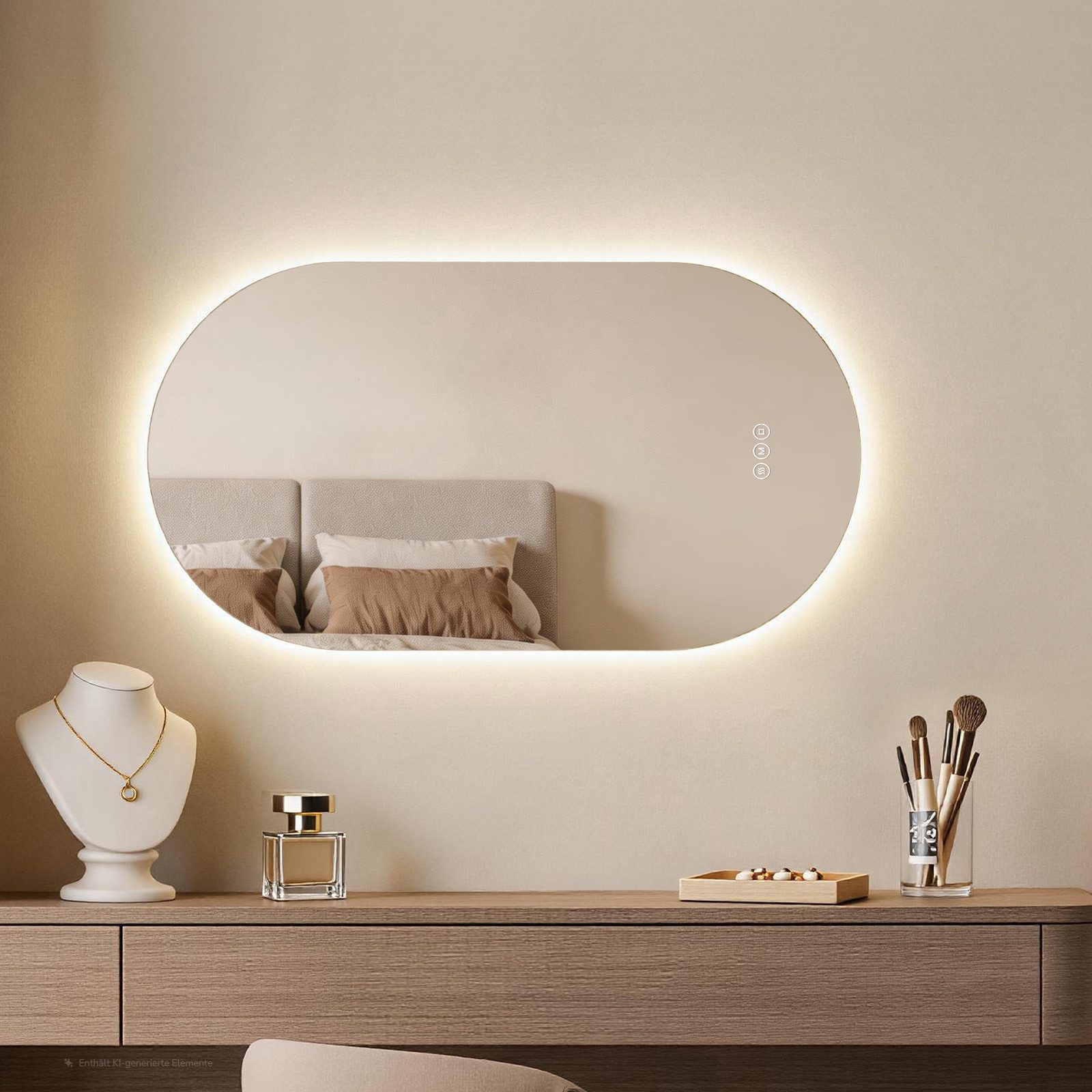 EMKE Badspiegel Oval mit LED-Beleuchtung, dimmbar, 3 Lichtfarben und Antibeschlag, 5mm kupferfrei Touch Memory IP65