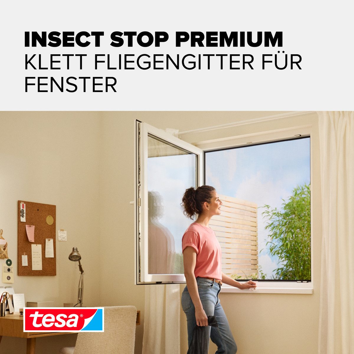 tesa Insektenschutz-Fensterrahmen Insect Stop Comfort Fliegengitter für Fenster - 1.7 m : 1.8 m, (Packung, 1-St., Fliegennetz, Klettband, Andrück und Schneidehilfe), Insektenschutzgitter - Fliegenetz ohne Bohren - zuschneidbar