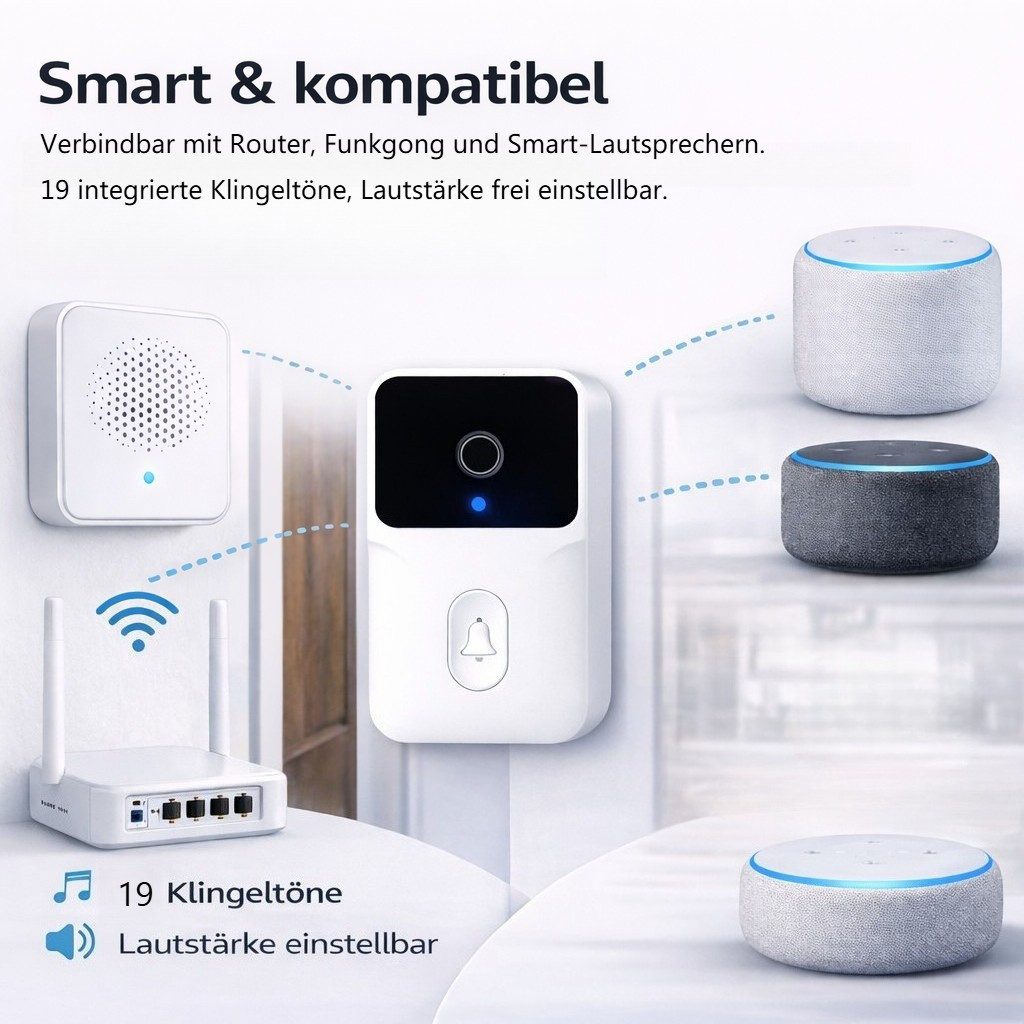 wohnTRAUM24 Video-Türsprechanlage Videotürklingel Video Doorbell Wireless Außenkamera WLAN (Einzelartikel (bestehend aus Hauptgerät + Innenempfänger), kabellos Türklingel mit Weitwinkel Kamera Videosprechanlagen)