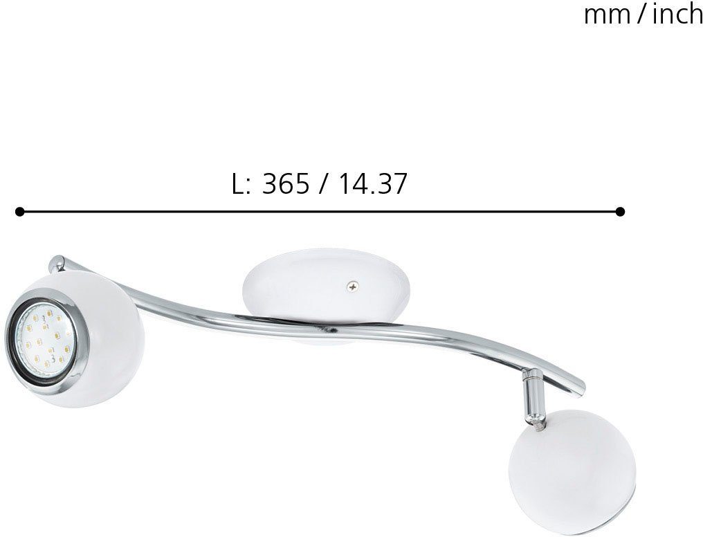 EGLO Deckenspot BIMEDA Deckenstrahler, GU10, IP20, Stahl, Deckenlampe, Wohnzimmerlampe, LED wechselbar, Warmweiß, Spot, Schlafzimmerlampe, L36,5 x B10 cm, weiß, chrom, 2X2,8W inkl.